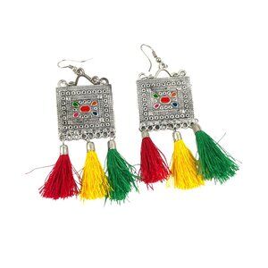 Handcrafted Ethnic Silver Earrings With Multicolor Tassels Intricate Detailing